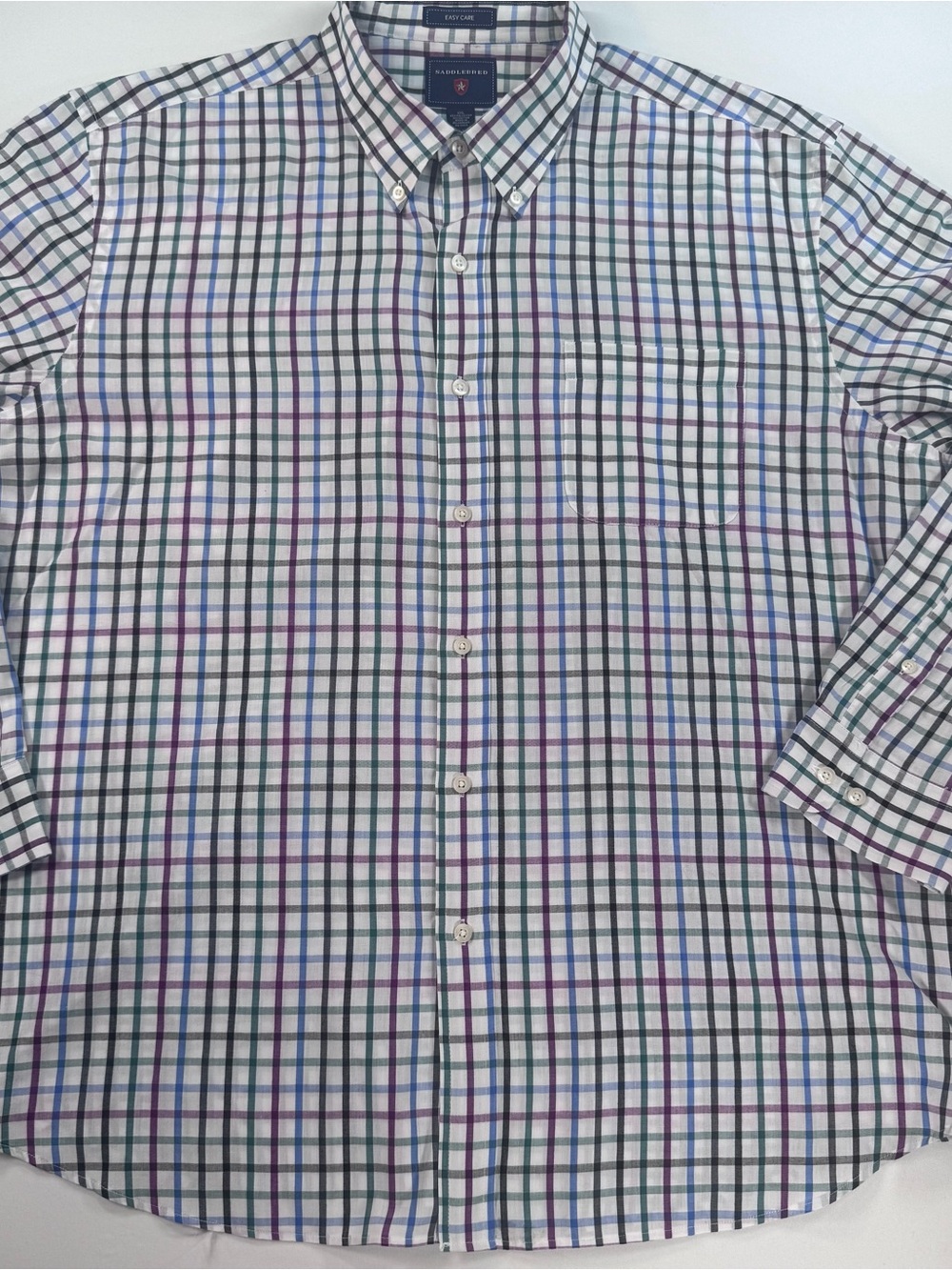 Saddlebred Plaid Button-Down Shirt in White, Blue & Green